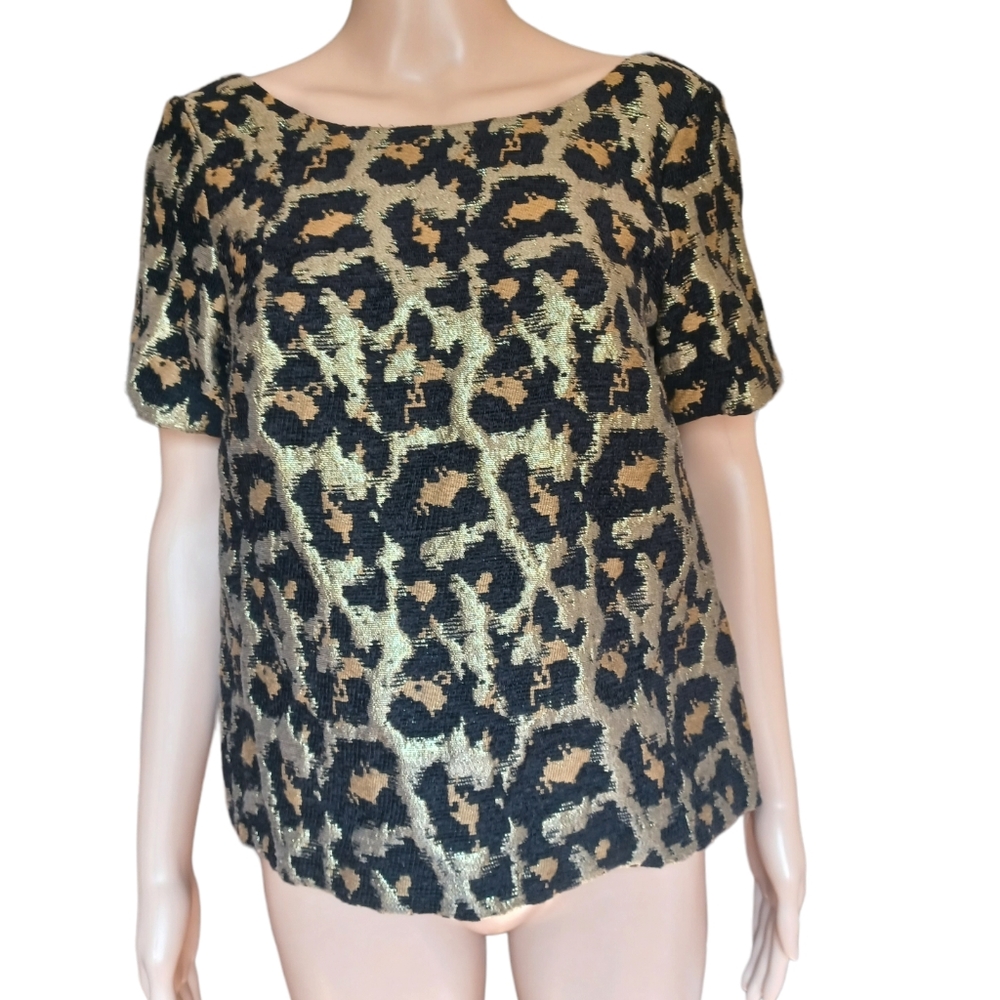 Anthropologie Hutch Womens Short Sleeved Gold Animal Leopard Print Top Size XS
